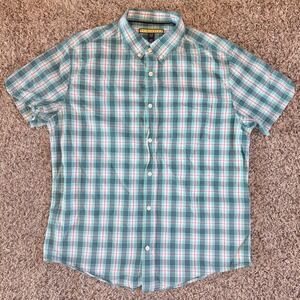 Prince & Fox Mens Large Teal Red Plaid Cotton Short Sleeve Button Down Shirt